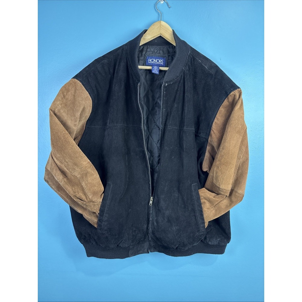 Honors Leather Bomber Suede Jacket XXL Black Brown Vintage 90s Old Money City